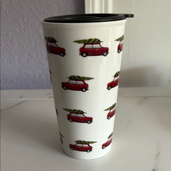 Red and White Travel Mug with Car Design - Picture 1 of 4